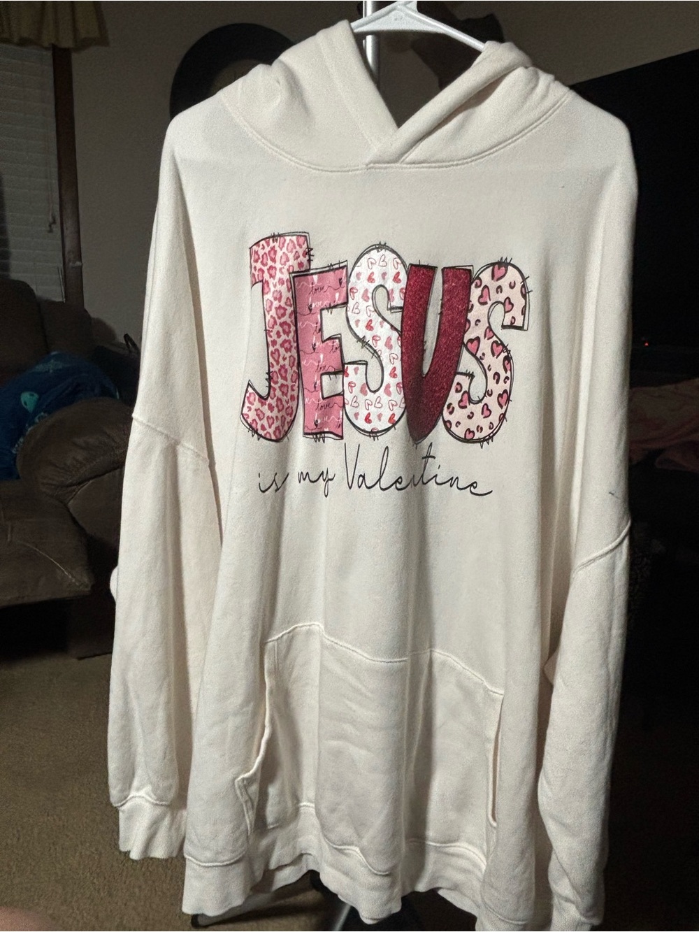 Old Navy Cream Hoodie with Pink & Red 'JESUS' Graphic